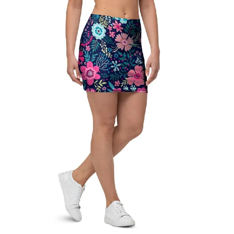 Cute Flower Floral Print Mini Skirt satin skirt smooth