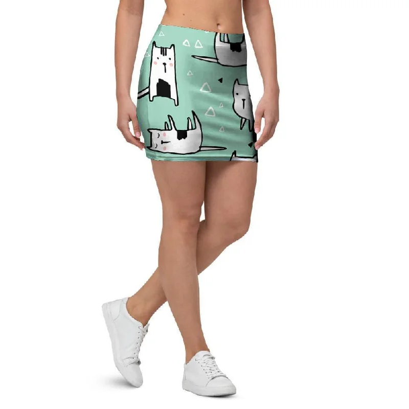 Cute Green Doodle Cat Print Mini Skirt a-line skirt cut