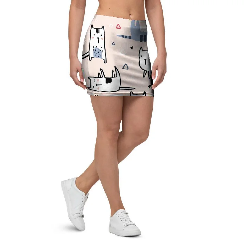 Doodle Cat Print Mini Skirt modal blend skirt