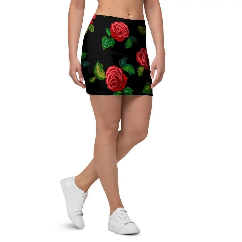 Embroidery Red Rose Floral Print Mini Skirt chiffon skirt airy