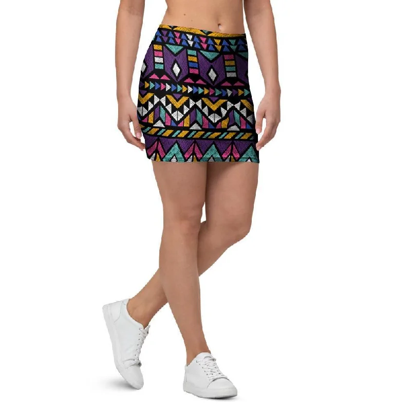 Ethic Aztec Geometric Art Print Mini Skirt chiffon skirt airy