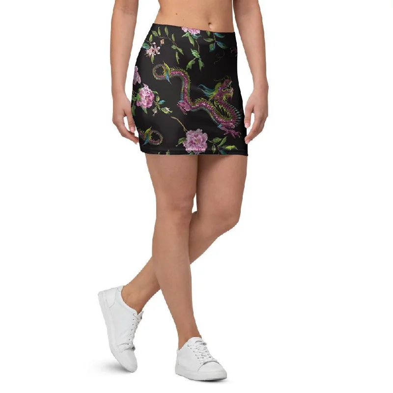 Floral Janpanese Dragon Print Mini Skirt lace skirt romantic