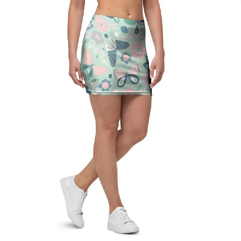 Floral Mint Butterfly Print Mini Skirt cashmere skirt soft