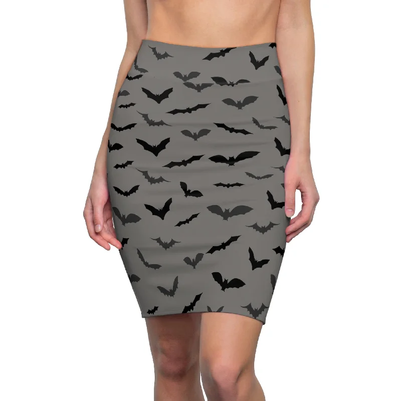 Gray Bats Pencil Skirt, Best Black Office Halloween Party Bats Women's Pencil Skirt- Made in USA(Size: XS-2XL) pencil skirt chic