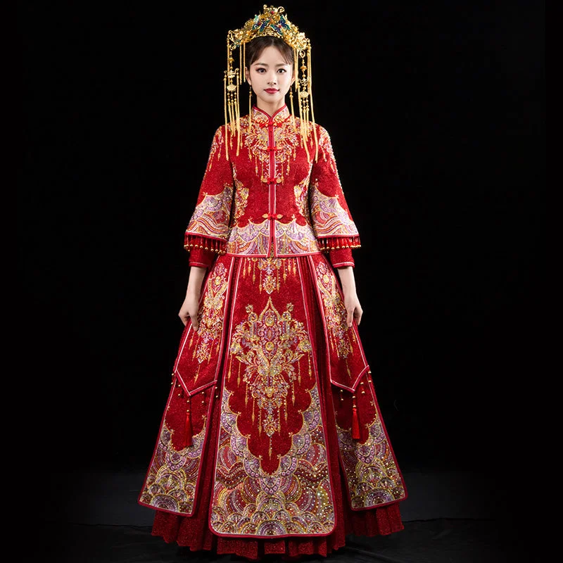 Mandarin Sleeve Pleated Skirt Retro Embroidery Chinese Wedding Suit tiered skirt playful Mandarin Sleeve Pleated Skirt Retro Embroidery Chinese Wedding Suit tiered skirt playful