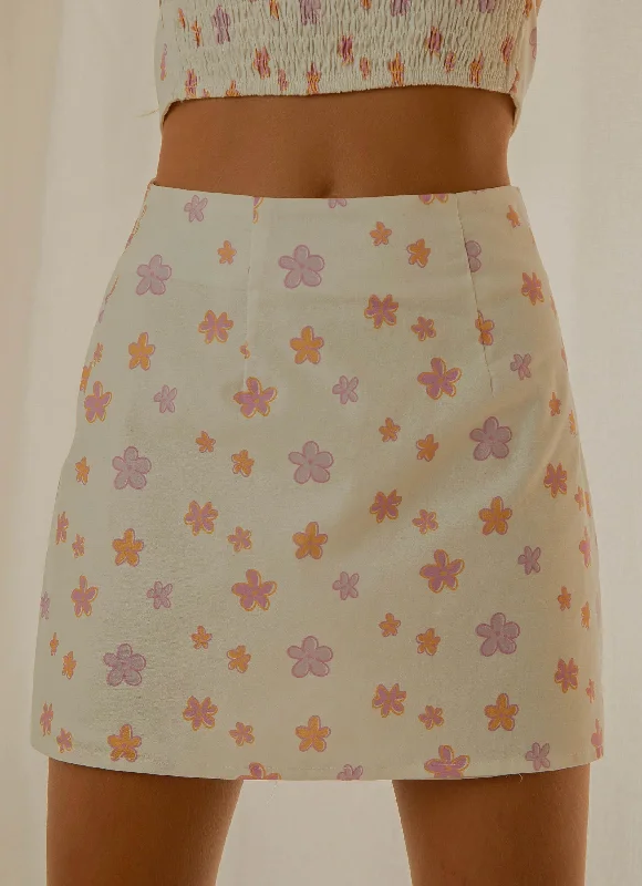 Morning Market Linen Mini Skirt - Pink Wild Poppies zip skirt side