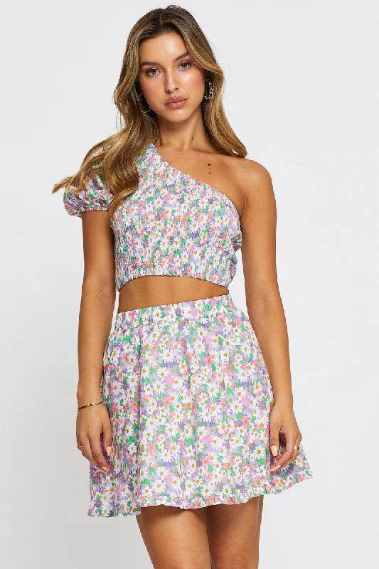 Print Skater Mini Skirt high slit skirt