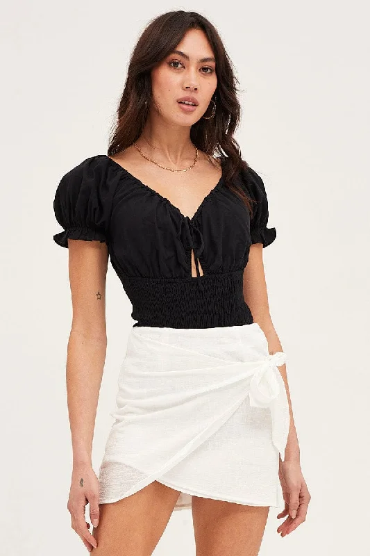 White Front Tie Wrap Mini Skirt tiered skirt playful