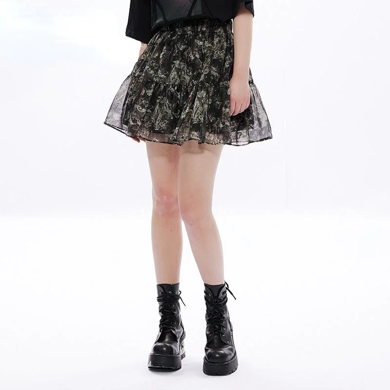 Women's Grunge Cat Printed Chiffon Short Skirt corduroy skirt durable