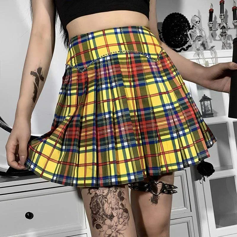 Women's Grunge Double Color Plaid Pleated Skirt silk skirt lustrous