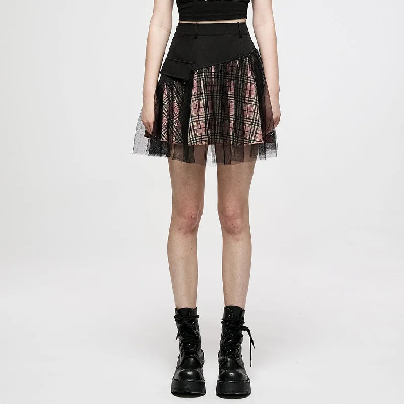 Women's Grunge High-waisted Mesh Red Plaid Short Skirt leather skirt refined