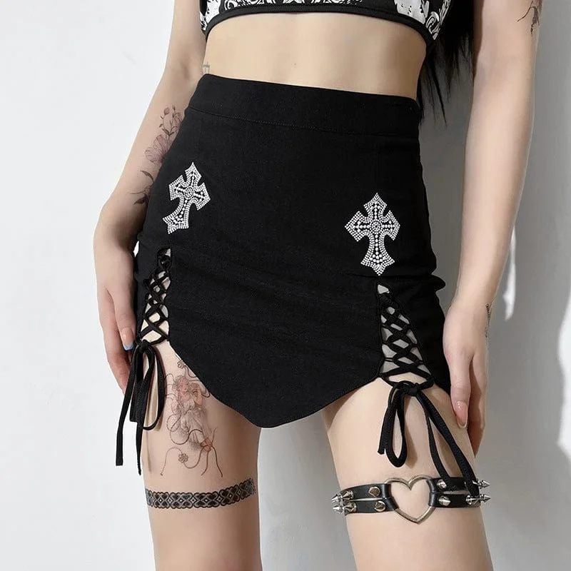 Women's Grunge Lacing-up Cross Printed Wrapped Skirt chiffon skirt lightweight