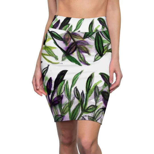 Boho Pencil Skirt, Tropical Green Leaves Women's Designer Pencil Skirt - Made in USA (XS-2XL) velvet skirt luxury