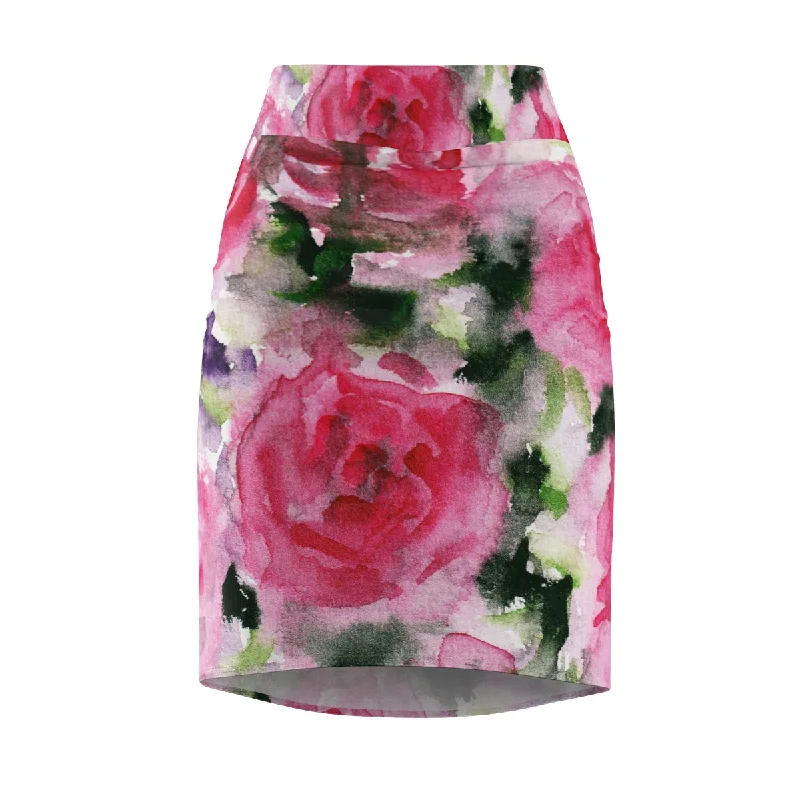 Rose Floral Pencil Skirt, Best Pink Rose Women's Designer Pencil Skirt - Made in USA (Size XS-2XL) tiered skirt playful