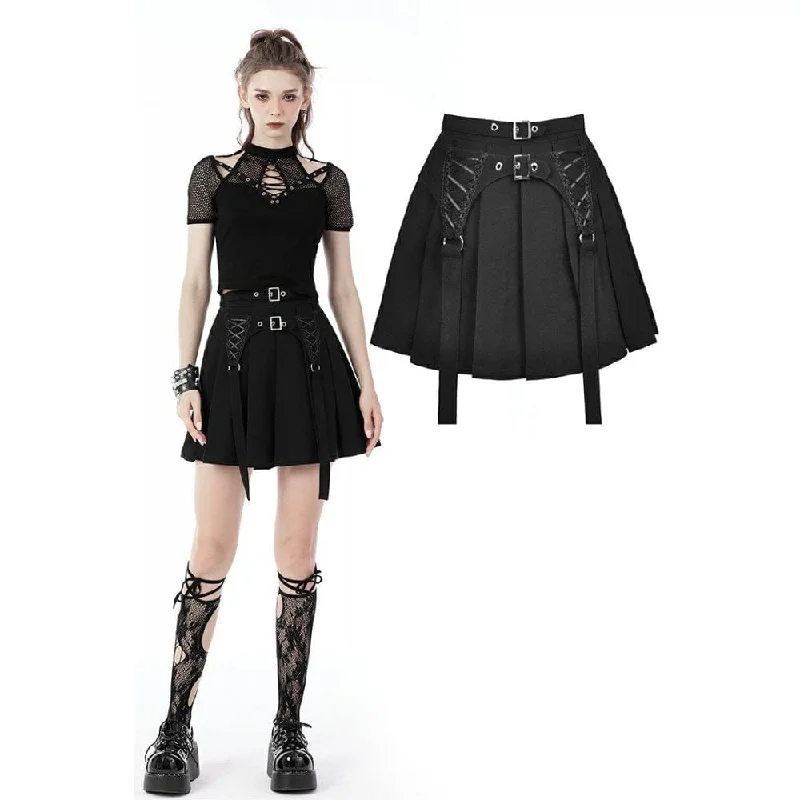 Women's Punk Double Buckles Pleated Skirt wool skirt breathable