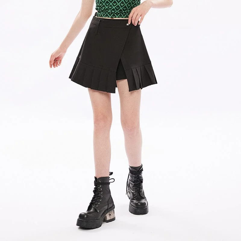 Women's Punk High-waisted Side Slit Pleated Skirt with Belt relaxed fit skirt