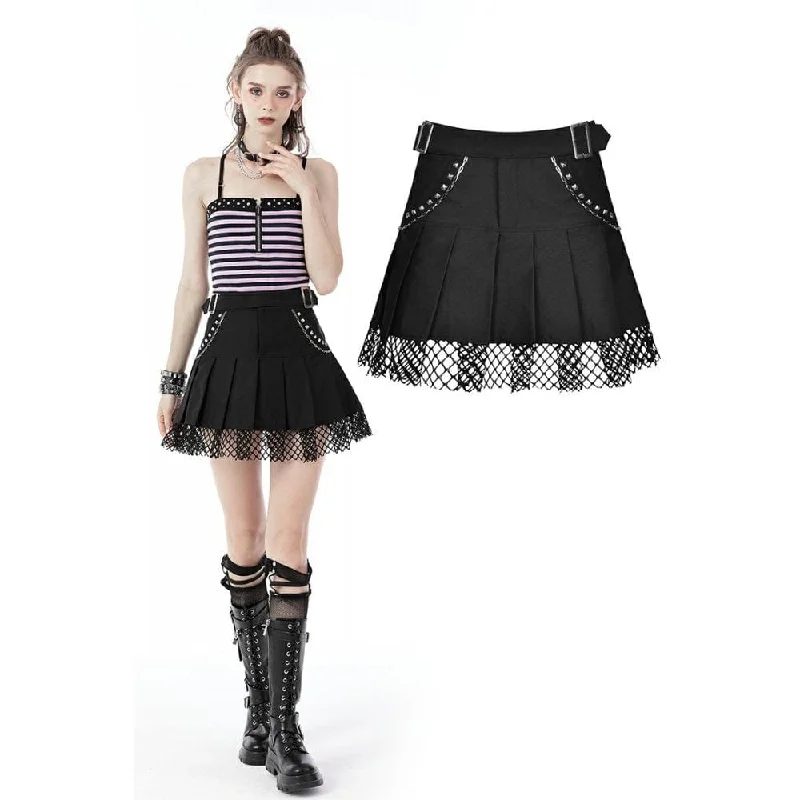 Women's Punk Rock Studded Net Hem Short Skirt chiffon skirt floaty